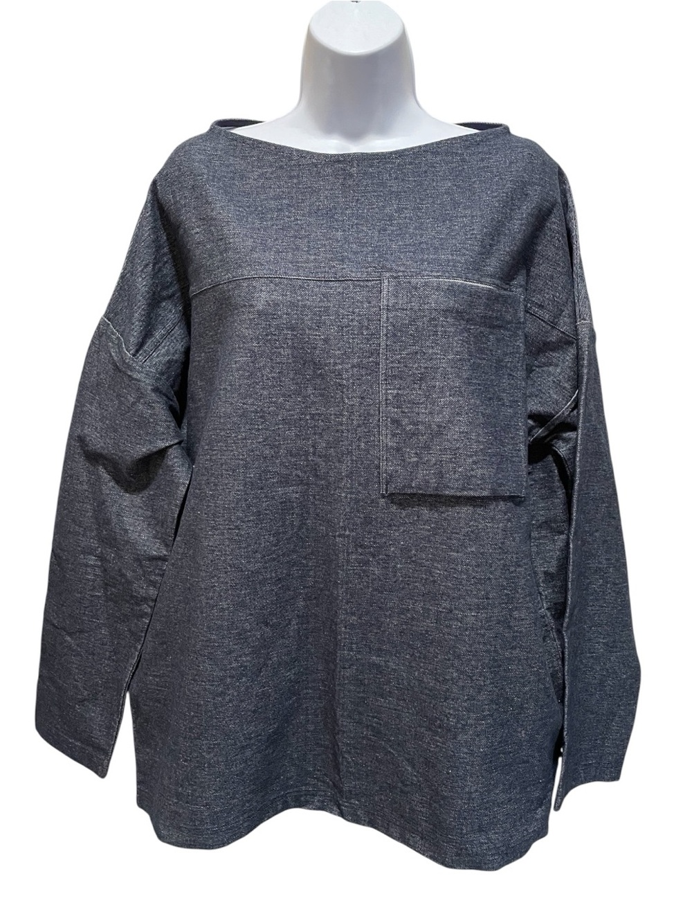 COS relaxed-fit, long-sleeved smock top, wide boat-neck. Denim blue. Size L